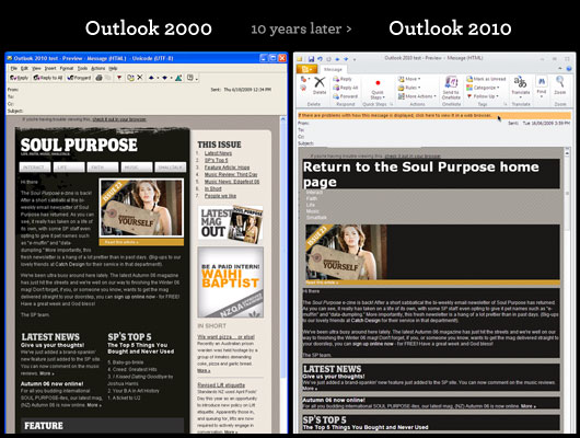 Trotz Kritik von Anwendern will Microsoft in Office 2010 an der Nutzung von Word zum Anzeigen von HTML-E-Mails festhalten. In Office 2000 war dafür noch die Rendering-Engine des Internet Explorer verantwortlich (Quelle: E-Mail Standards Project).
