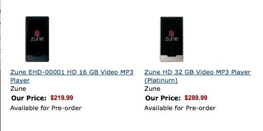 Amazon hat versehentlich Microsofts kommende MP3-Player-Generation Zune HD zum Vorverkauf angeboten und die geplanten Verkaufspreise verraten, die bis zu 110 Dollar unter denen des iPod Touch liegen (Screenshot: News.com).
