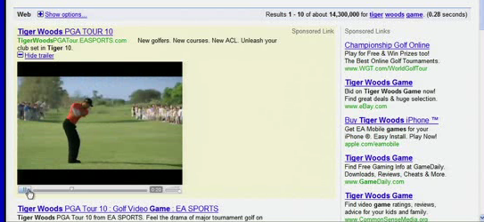 Google hat Analysten Video-Trailer zwischen Textanzeigen demonstriert (Screenshot: Tom Krazit/CNET).
