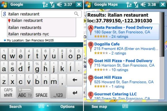 Google hat seine mobile Anwendung für Windows-Mobile-Handys aktualisiert. Der Dienst "My Location" zeigt standortbasierte Suchergebnisse an (Bild: Google).
