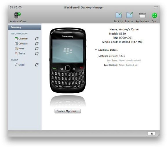 RIM veröffentlicht am Freitag erstmals eine Version seines BlackBerry-Desktop-Managers für Apples Betriebssystem Mac OS X (Bild: Research in Motion).
