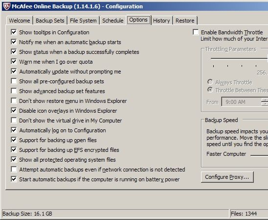 McAfees Online-Backup-Lösung bietet zahlreiche Konfigurationsmöglichkeiten (Screenshot: Dong Ngo/CNET).
