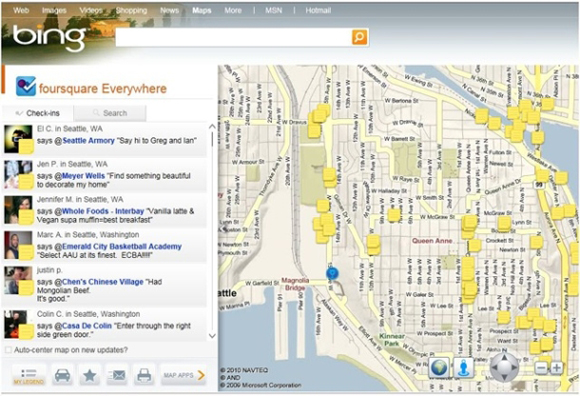 Der Kartendienst Bing Maps zeigt künftig Kommentare und Beschreibungen von Foursquare-Nutzern an (Bild: Microsoft).
