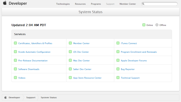 Laut Apples Status-Website sind alle Entwickler-Services wieder online (Screenshot: ZDNet.de).