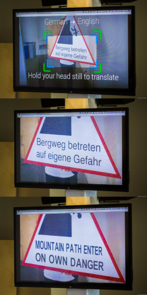 Die Glassware-App Word Lens kann Schilder übersetzen, während man sie durch die Google-Brille betrachtet (Bilder: James Martin/CNET).