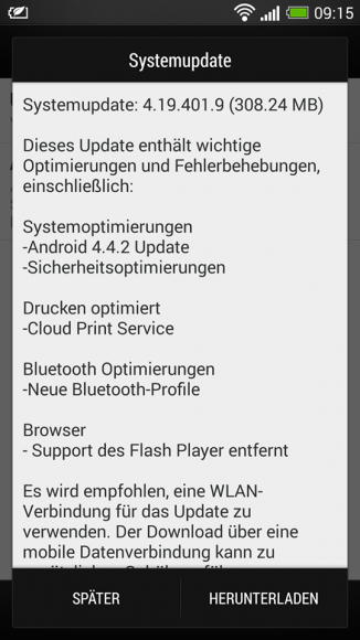 The KitKat Update the ungebrandete HTC One is around 308 MB in size (image: HTC) 