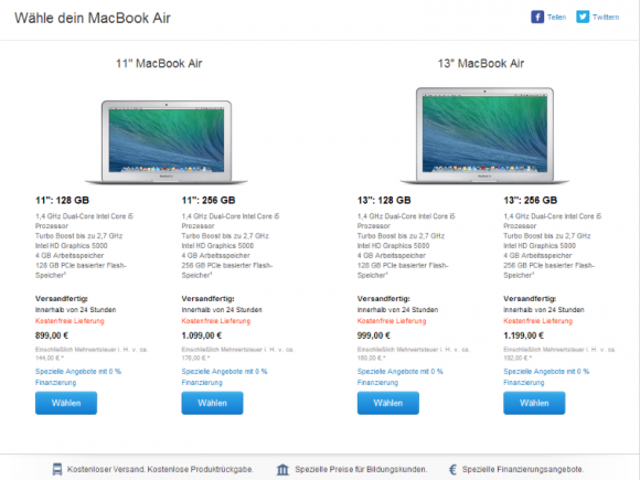 Apple bietet das aktualisierte MacBook Air 100 Euro günstiger an (Screenshot: ZDNet.de).