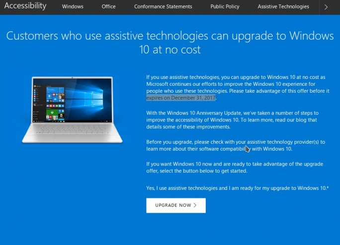 Windows 10: Das kostenloses Update auf Windows 10 endet für Nutzer von Hilfstechnolgien am 31. Dezember 2017 (Screenshot: ZDNet.de).