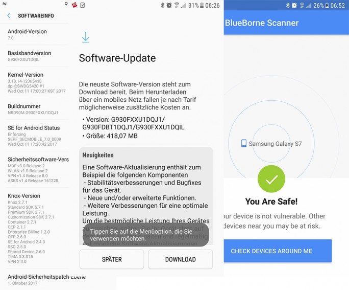 Galaxy S7: Das Oktober-Update schließt die BlueBorne-Lücke (Screenshot: ZDNet.de)
