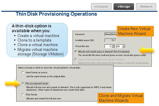 In der GUI präsentiert sich Thin Provisioning als Option beim Anlegen einer virtuellen Maschine als auch bei diversen VM-Kopierprozessen. Das heißt: "Virtual Disk"-Formate können jederzeit verändert werden, bei Storage vMotion sogar "on the fly" ohne "Downtime".
