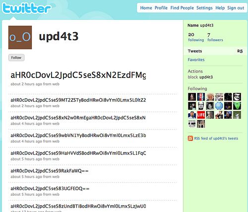 Brasilianische Cyberkriminelle schicken per Twitter-Statusmeldung Links an Rechner eines Botnets, sodass diese neue Befehle und ausführbare Dateien erhalten (Quelle: Arbor Networks).
