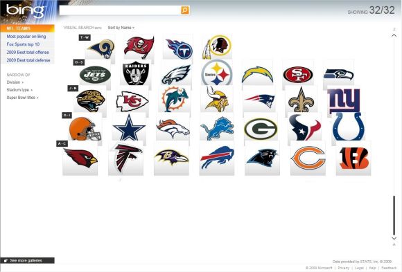 Bing Visual Search Beta liefert bei einer Suche nach Teams der US-Footballliga NFL die Logos der einzelnen Vereine statt einer Übersicht mit Resultaten in Textform (Bild: Microsoft).

