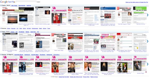 Google Fast Flip zeigt statt kurzen Textausschnitten Vorschaubilder der Webseiten von Magazinen und Zeitungen an (Bild: Google).
