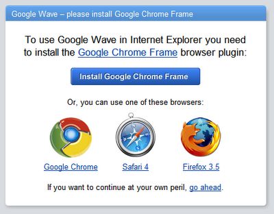 Google Wave ist eine der Websites, die Nutzern des Internet Explorers bei einem Besuch vorschlägt, das Browser-Plug-in Chrome Frame zu installieren (Bild: Google).

