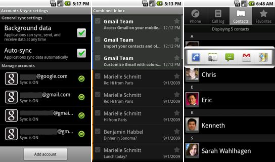Das Android SDK 2.0 enthält Programmierschnittstellen für neue Funktionen in Android 2.0, darunter die Unterstützung mehrerer E-Mail-Konten (links), ein kombinierter Posteingang (Mitte) und Quick Contact (Bild: Google).
