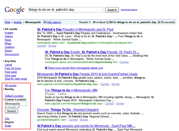 Mit "Nearby" lassen sich Suchergebnisse nach Städten, Regionen oder Ländern filtern (Screenshot: Google).
