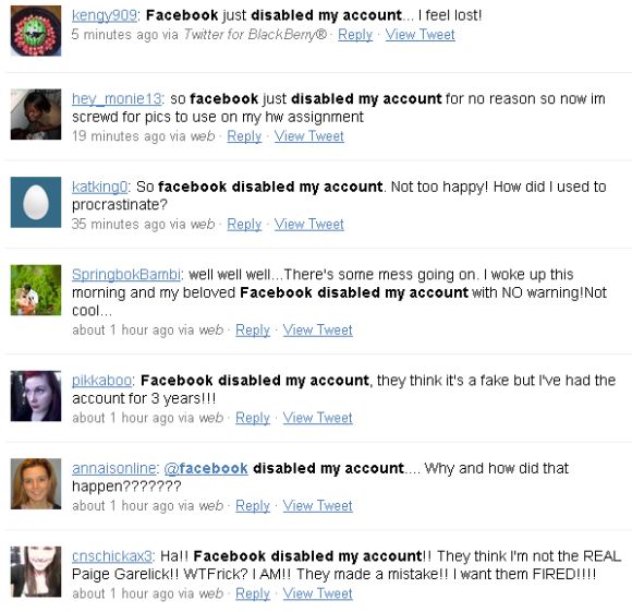 Auf Twitter beschweren sich zahlreiche Nutzer, weil ihre Facebook-Konten abgeschaltet wurden (Screenshot: ZDNet).
