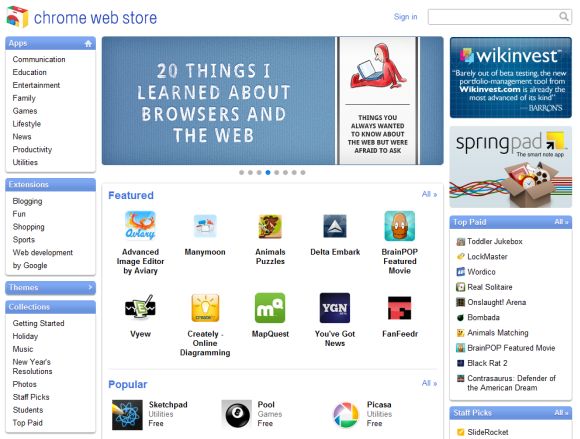 Der Chrome Web Store bietet eine Auswahl an Apps, Erweiterungen und Themes. Ab Frühjahr 2011 steht er auch Nutzern außerhalb der USA zur Verfügung.

