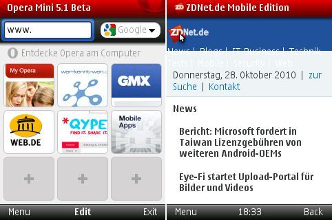 Opera Mini 5.1 Beta wird als native Applikation unter Symbian S60 ausgeführt (Screenshot: ZDNet).

