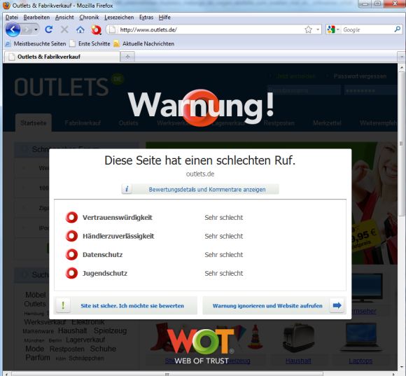 Aus dem Auftritt von Outlets.de ist laut OpSec für Verbraucher nicht deutlich ersichtlich, dass es sich um ein Angebot handelt, mit dem die Zahlung von Mitgliedsgebühren verbunden ist. Nutzer des <a href="/software_programme_loesungen_fuer_unternehmen_mehr_schutz_im_netz_security_add_ons_fuer_browser_story-20000001-41529979-2.htm" target="new">Browser-Plug-ins WOT</a> wissen schon länger, dass Outlets.de nicht den besten Ruf genießt (Screenshot: ZDNet).
