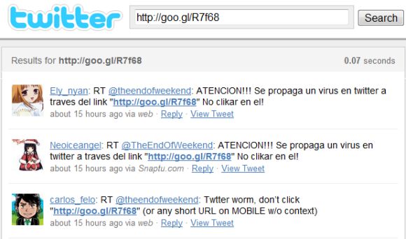 Twitter-Nutzer warnen sich gegenseitig vor einem Virus, der sich seit Kurzem über den Mikroblogging-Dienst verbreitet (Screenshot: ZDNet).
