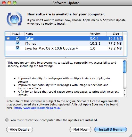 Safari 5.0.4 verbessert die Stabilität sowie die Kompatibilität des Browsers und behebt 62 Sicherheitslücken (Screenshot: ZDNet).
