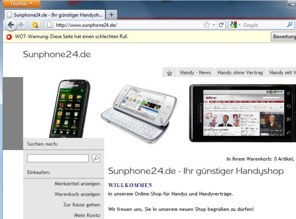 Der Onlineshop Sunphone 24.de ist laut OpSec durch zahlreiche Beschwerden von Verbrauchern negativ aufgefallen. Nutzer des <a href="/software_programme_loesungen_fuer_unternehmen_mehr_schutz_im_netz_security_add_ons_fuer_browser_story-20000001-41529979-2.htm" target="new">Browser-Plug-ins WOT</a> wissen schon länger, dass Sunphone24.de nicht den besten Ruf genießt - zu erkennen am roten Kreis und dem Warnhinweis unter dem URL-Eingabefeld (Screenshot: ZDNet).
