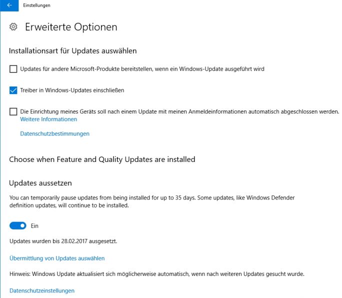 Updates lassen sich in Windows 10 Creators Update aussetzen