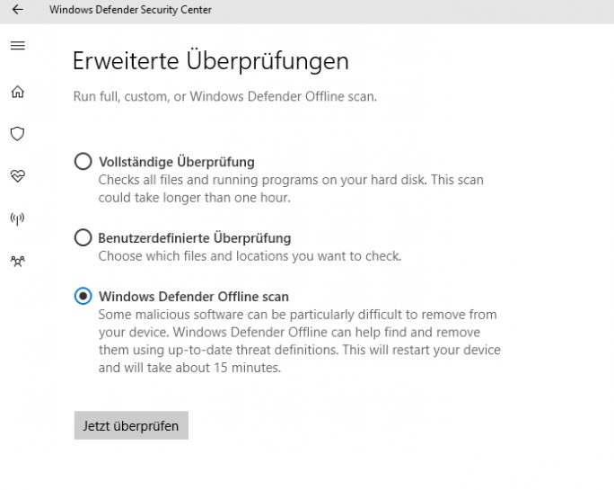 In Windows 10 Creators Update funktioniert Windows Defender Offline Scan direkt aus dem Windows Defender Security Center
