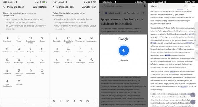 Samsung Internet: Menü anpassen und auf Seite suchen (Screenshot: ZDNet.de)