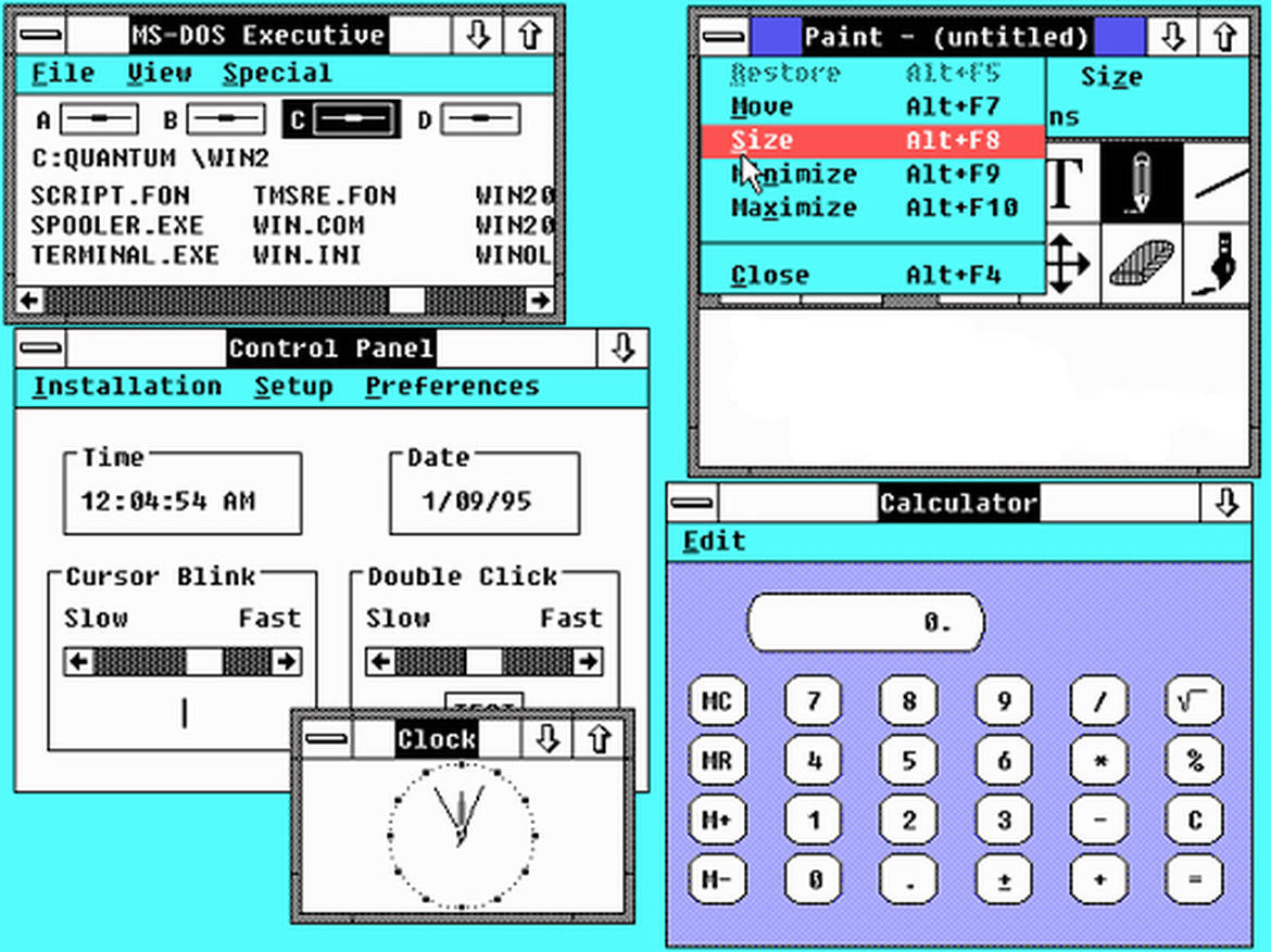 Windows 2.0 beherrschte die Darstellung von überlagernden Fenstern und unterstützte die Anzeige von 16 Farben. Mit an Bord war erstmals das Control Panel (Systemsteuerung) und <a href=\"https://de.wikipedia.org/wiki/PIF_%28Datei%29\" target=\"_blank\">Program Information Files</a> (PIF). PIF-Dateien wurden genutzt, um DOS-Anwendungen zu konfigurieren. Erstmals gab es Word und Excel auch in einer Windows-Version. Wie Windows 1.0 lief die zweite Windows-Version auf Rechnern mit zwei Floppy-Laufwerken. Eine Festplatte war nicht nötig. Außerdem unterstützte es Real-Mode-Speicher, den es bis zu einer Größe von 1 MByte ansteuern konnte. Überlappende Fenster und andere dem Mac ähnliche Funktionen führten 1988 zu einer letztlich nicht erfolgreichen Klage seitens Apple (Bild: ZDNet.com).
<br>
siehe auch: <a href=\"https://www.zdnet.de/88244991/zeitreise-installation-von-windows-95-und-msn/\" target=\"_blank\">Zeitreise: Installation von Windows 95 und MSN</a> 