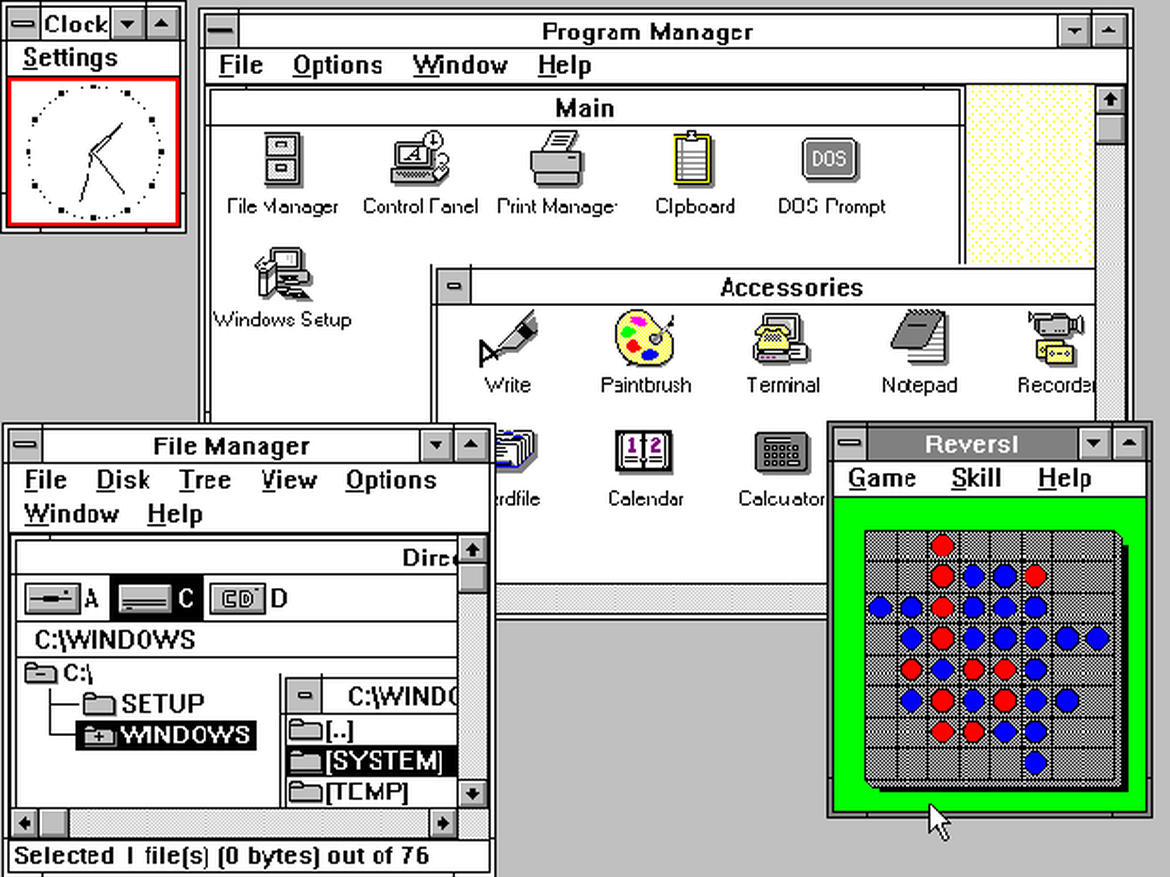 Windows 3.0 war die erste Windows-Version mit größerer Verbreitung. Die Gründe lagen in einer signifikante Änderungen an der Oberfläche und einer verbesserten Unterstützung der Intel-Prozessoren 286 und 386 sowie deren Speichermanagement. Als Neuerungen enthielt Windows 3.0 einen Programm- und Datei-Manager, eine redesignte Systemsteuerung und Solitair. Letzteres ist auch in Windows 10 enthalten. Natürlich in einer grafisch ansprechenderen Form. Windows 3.0 konnte bis zu 256 Farben darstellen (Bild: ZDNet.com).
<br>
siehe auch: <a href=\"https://www.zdnet.de/88244991/zeitreise-installation-von-windows-95-und-msn/\" target=\"_blank\">Zeitreise: Installation von Windows 95 und MSN</a>