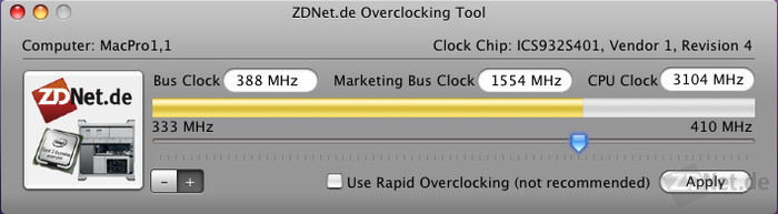 Figure 2: ZDNet Clock takes the test model from 2006 (Mac Pro 1.1) from 2.66 GHz to 3.10 GHz.