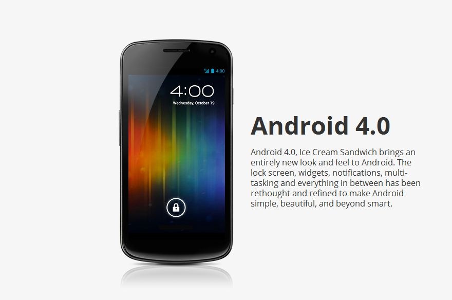 Das Galaxy Nexus arbeitet mit dem heute vorgestellten mobilen Betriebssystem Android 4.0 Ice Cream Sandwich. Spezielle Anpassungen wie sie die meisten Smartphonehersteller bieten, sind nicht enthalten. Google führt damit die OS-Versionen für Smartphones (2.3.x, Gingerbread) und Tablets (3.x, Honeycomb) zusammen und vereinheitlicht die Benutzeroberfläche. Das neue Mobilbetriebssystem liefert rund 30 neue Funktionen. Zu den wichtigsten zählen ein verbessertes Adressbuch, Gesichtserkennung, optimierte Kamerafunktionen und Bildbearbeitung, Datenaustausch über NFC sowie Speech-to-Text.