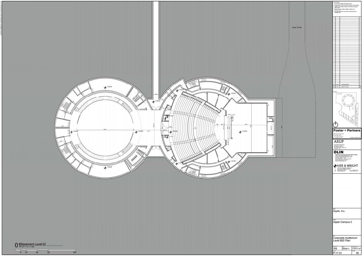 Apple Campus 2: geplante Fertigstellung 2015 <br /> Das bis zu 100 Personen fassende Auditorium liegt außerhalb des Hauptgebäudes in der Mitte des Areals.<br />(Bild: Cupertino.org)