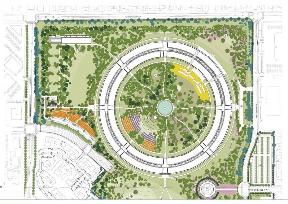 Apple Campus 2: geplante Fertigstellung 2015 <br /><br />Innerhalb der inneren Fläche soll ein Amphi-Theater, ein Springbrunnen und ein Restaurant-Bereich (gelb) entstehen.<br />(Bild: Cupertino.org)