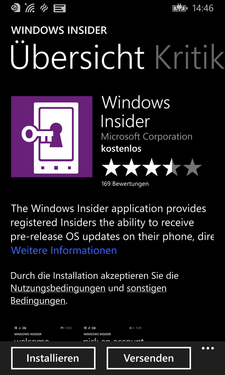 Die Installation des jüngsten Builds von Windows 10 Mobile ermöglicht die App Windows Insider.