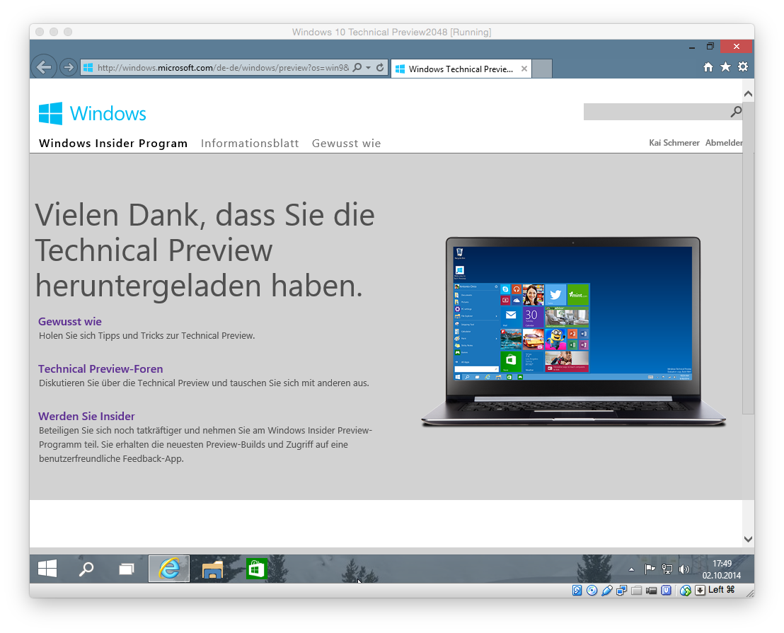 Nach dem Start des MS-Browsers öffnet sich die Website zur Windows-10-TechnicalPreview.