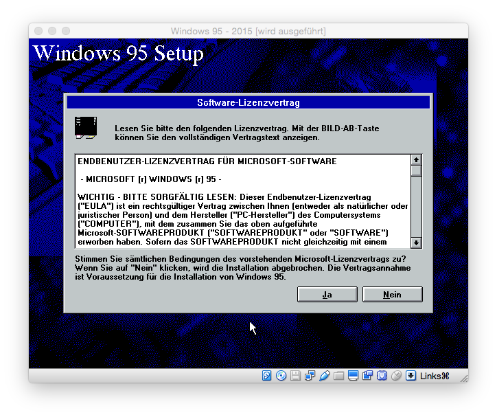Unter Windows 95 konnte man die Datei auch \"Bayern wird Champions League Sieger.txt\" nennen. Möglich wurde dies durch die Einführung von der Dateisystemerweiterung <a href=\"https://de.wikipedia.org/wiki/File_Allocation_Table#VFAT\" target=\"_blank\">VFAT</a>, die Unterstützung von bis zu 255 Zeichen für einen Dateinamen bot. Erst 1996 wurde mit Windows 95b FAT32 eingeführt.
Die Installation des 25 Jahre alten Microsoft-Betriebssystem in einer virtuellen Maschine mit Virtualbox verläuft zunächst problemlos. 
<br>siehe auch: <a href=\"https://www.zdnet.de/88242467/30-jahre-windows-rueckblick-in-bildern/#image=1\" target=\"_blank\">30 Jahre Windows: Rückblick in Bildern</a>