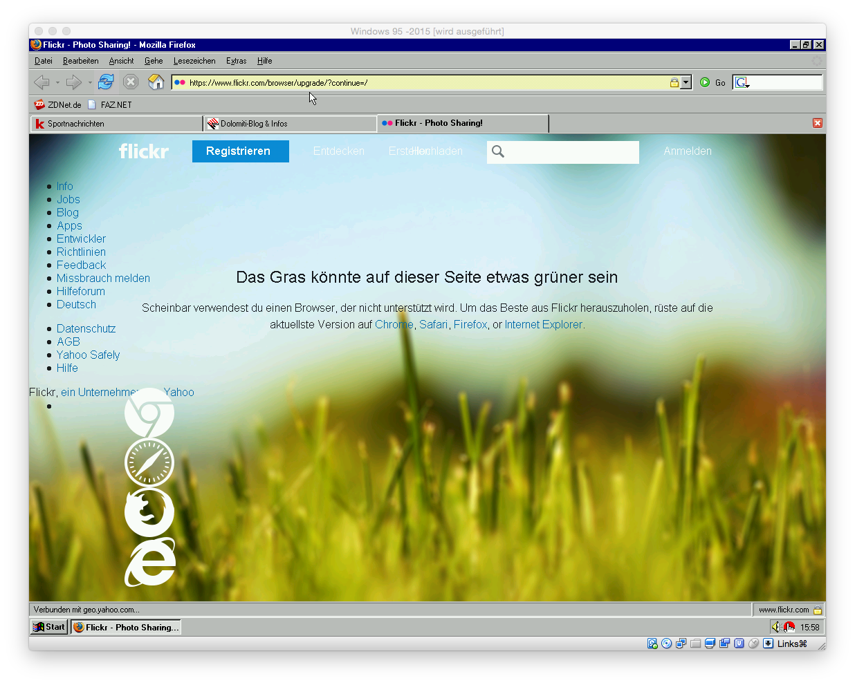 Neuere Versionen von Firefox lassen sich leider nicht installieren, sodass Flickr auch nur anmerken kann \"Das Gras könnte auf dieser Seite etwas grüner sein\". <br>siehe auch: <a href=\"https://www.zdnet.de/88242467/30-jahre-windows-rueckblick-in-bildern/#image=1\" target=\"_blank\">30 Jahre Windows: Rückblick in Bildern</a>
